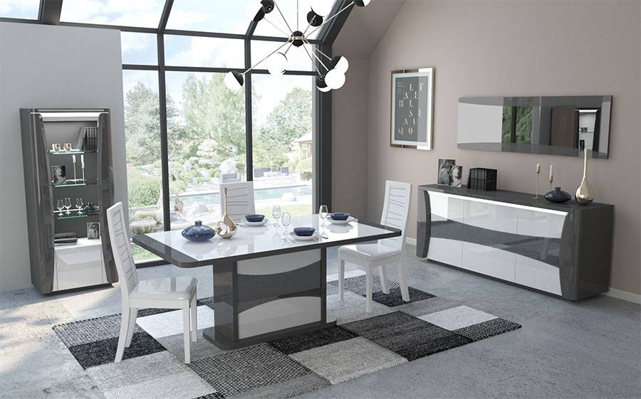 Buffet 3 portes leds intégrés blanc et gris laqué pour salle à manger